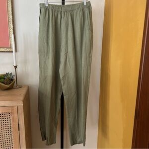 Flax 100% Linen Pants Pull On Green Elastic Stretch Lagenlook Bohemian Size M